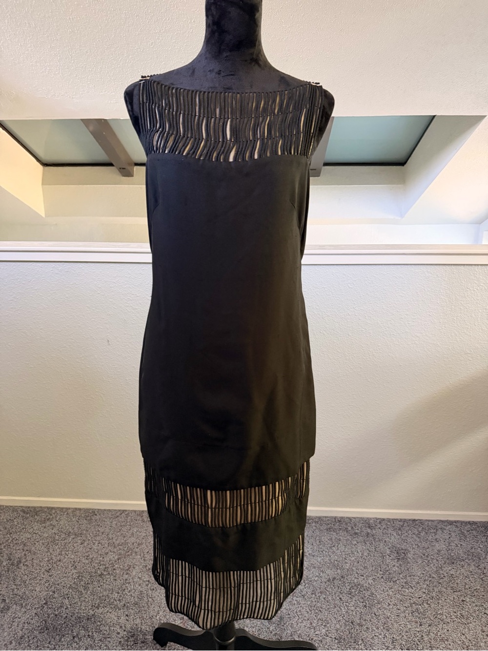 Akris Black Midi Dress with Fringe Panel Accents